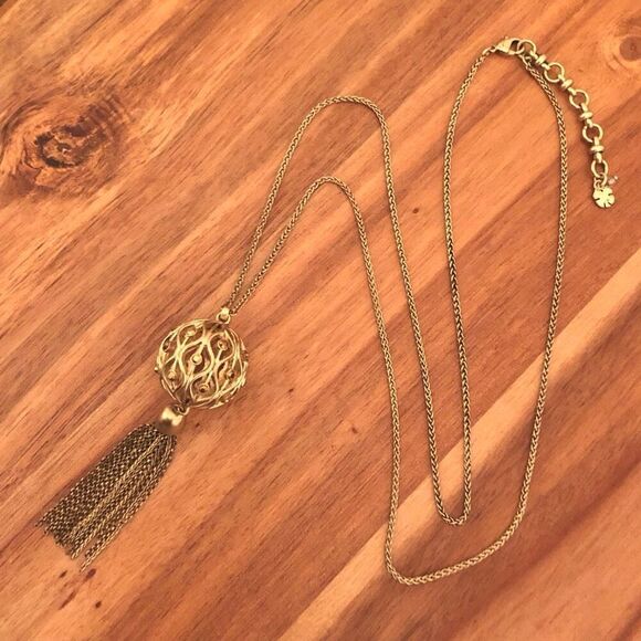 Lucky Brand | Gold Tone Ball and Tassel Necklace | 36” Adjustable - Picture 2 of 4